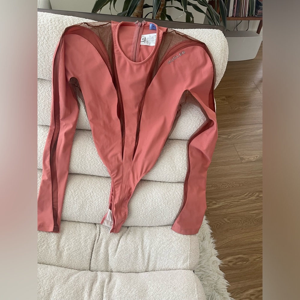 MUGLER salmon pink long sleeve top with ebony mesh. great condition